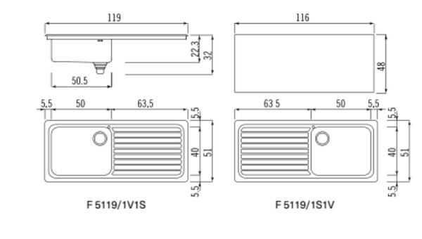 Alpes inox f 5119/1v1b1s lavello + gocciolatoio incasso 120 cm