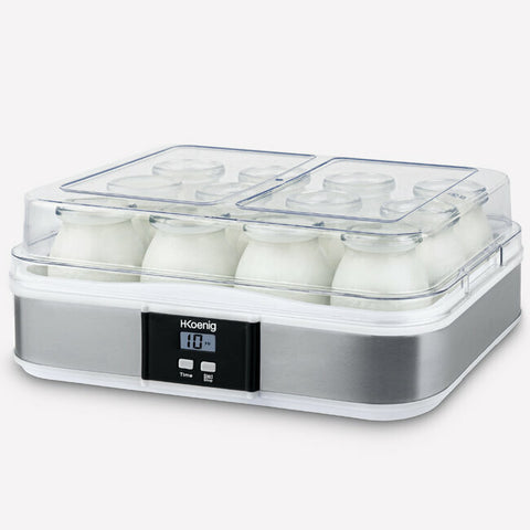 Gaia - Yogurtiera, 12 vasetti da 150 ml, 1,8 litri di yogurt, Timer, Acciaio inox, Senza BPA